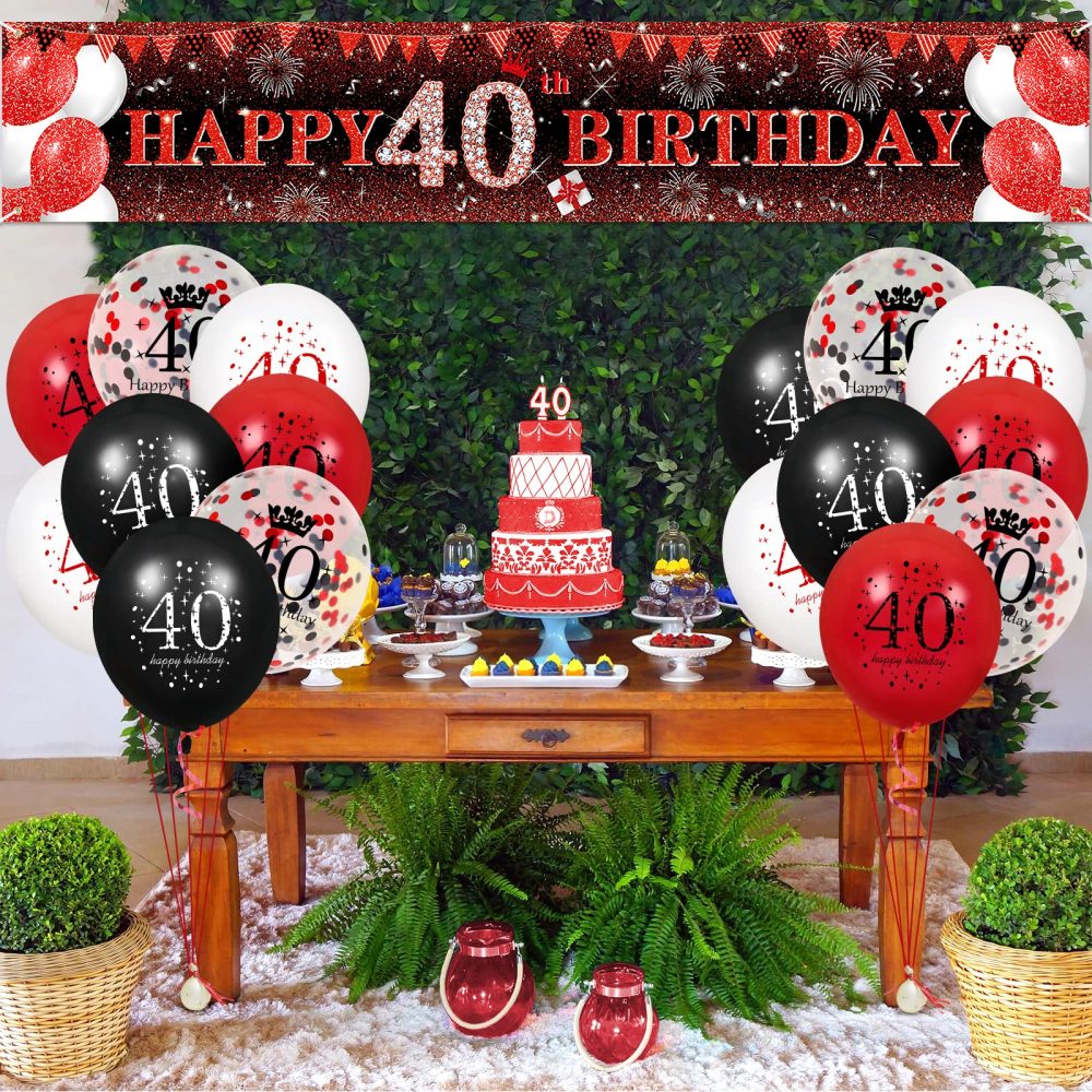 RUMIA Red 40th Birthday Decorations Men Women, Red Black Glitter 40th Birthday Banner Yard Sign & 16Pcs Red Black 40th Birthday Latex Balloons 40th Birthday Anniversary Party Supplies (A7R2X) - Image 4