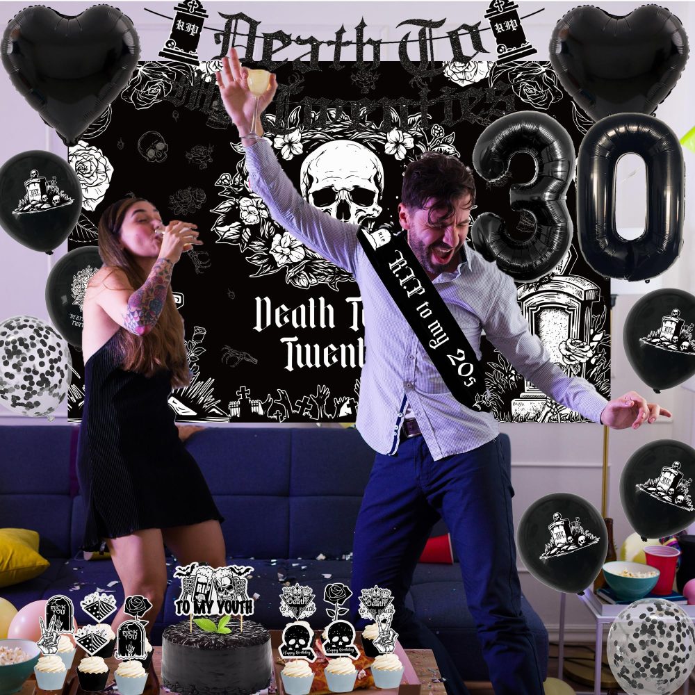Rip 20s Birthday Decorations Set - Death to My 20s Decorations Includes Banner Backdrop Sash Cake Topper Heart Foil Balloons Death to My 20s Party Supplies 30th Birthday Decorations - Image 4