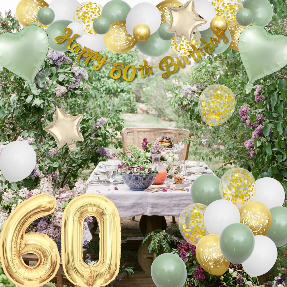 60th Birthday Decorations Women Men - Green Gold Birthday Party Decoration Balloons Set With Banners Paper Pom Confetti Latex Balloon Happy 60th Birthday Cake Toppers for 60 Years Birthday Supplies - Image 4