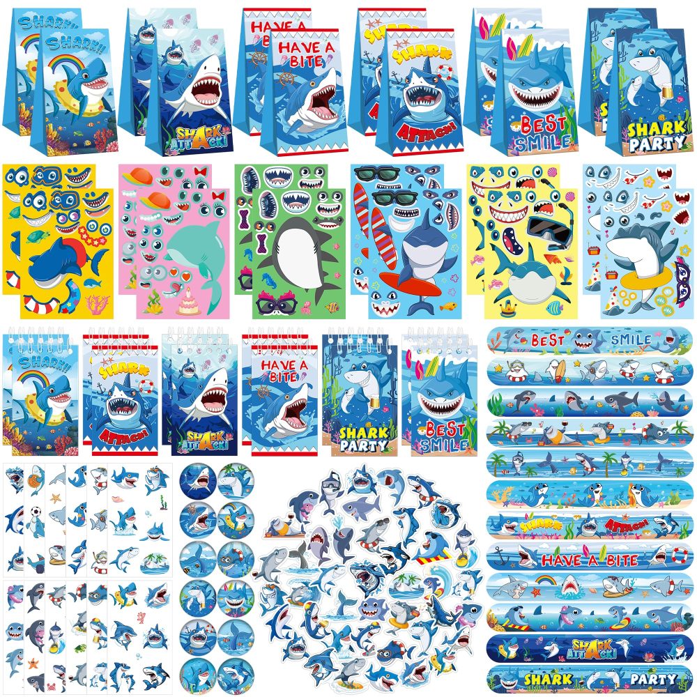 114PCS Shark Party Favors Set - 12 Shark Bracelets Wristbands 54 Shark Stickers 12 Shark Favor Bag 12 Shark Tattoo Stickers 12 Shark Notepads 12 Shark Button Pins for Ocean Shark Party Supplies