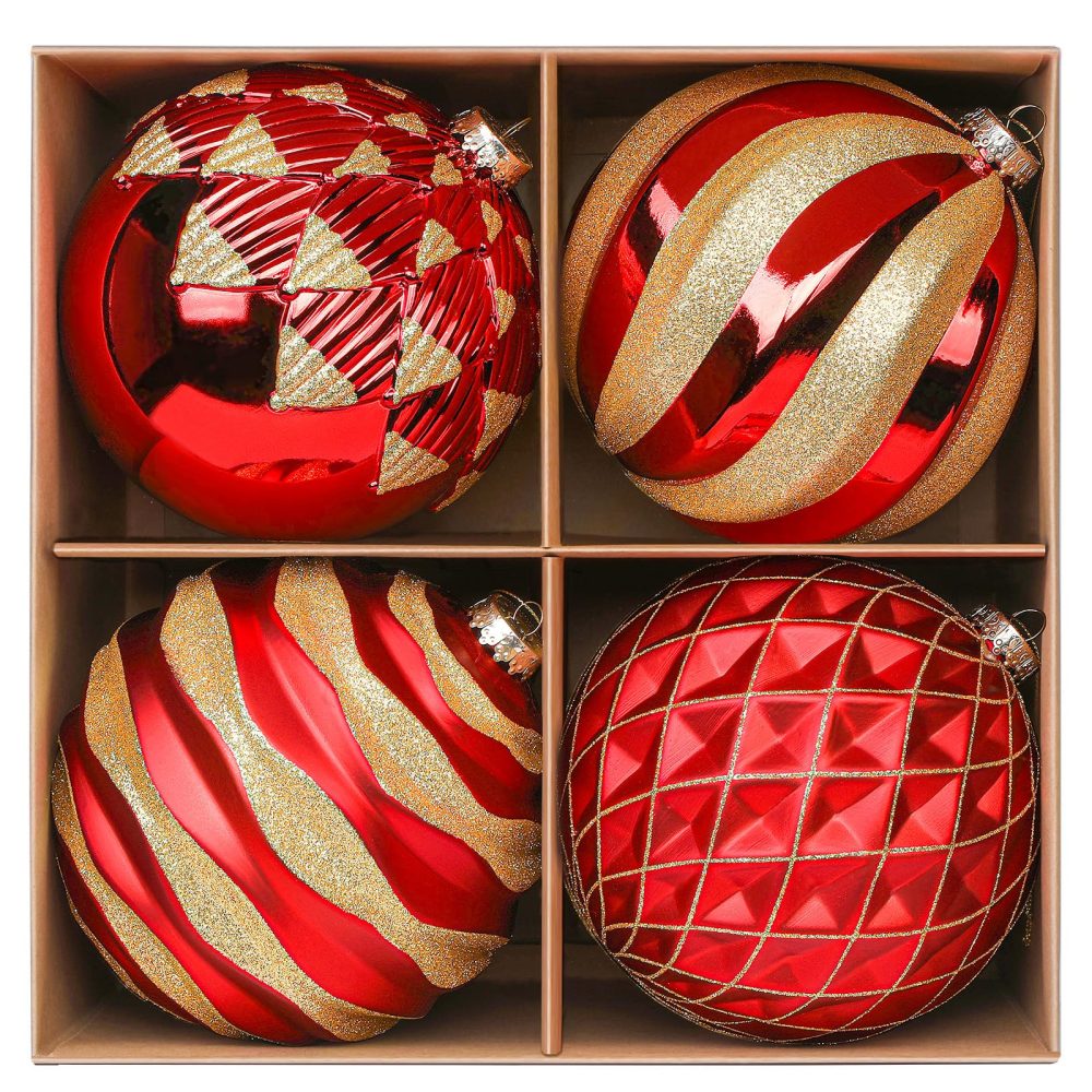 Alupssuc 4Pcs Christmas Tree Decorations, Shatterproof Christmas Hanging Balls Set with Hooks for X-mas Party Wedding Holiday, Red & Gold