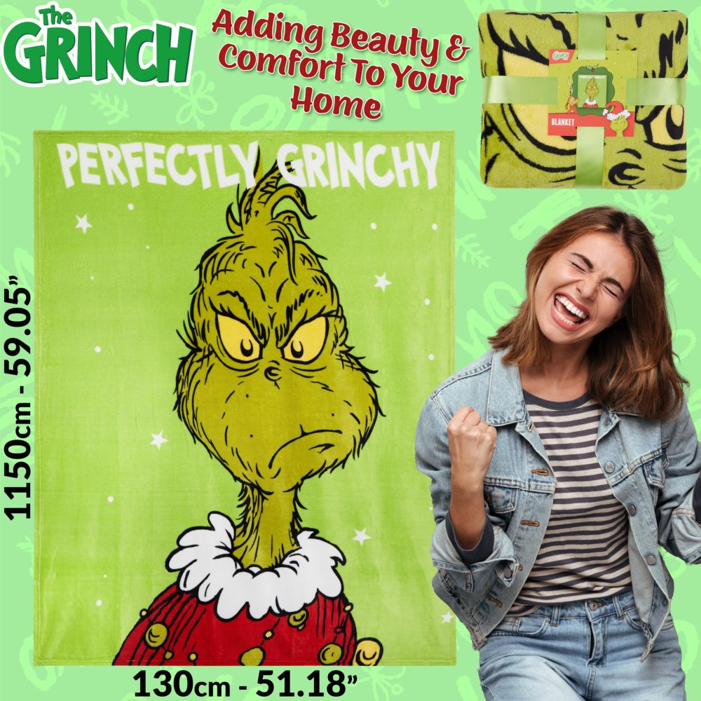 The Grinch Fleece Bed Blanket, Soft Bed Throw 150x130cm - Festive Gifts (Green) - Image 2
