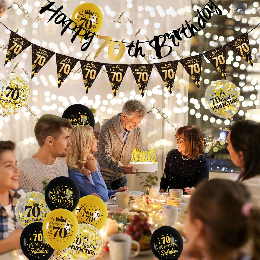 70th Birthday Decorations for Men - Black and Gold Party Balloon Banner Decor Set with 70th Birthday Yard Banners Confetti Latex Balloons Happy Birthday Cake Topper for Men 70 Years Old Party Supplies - Image 3