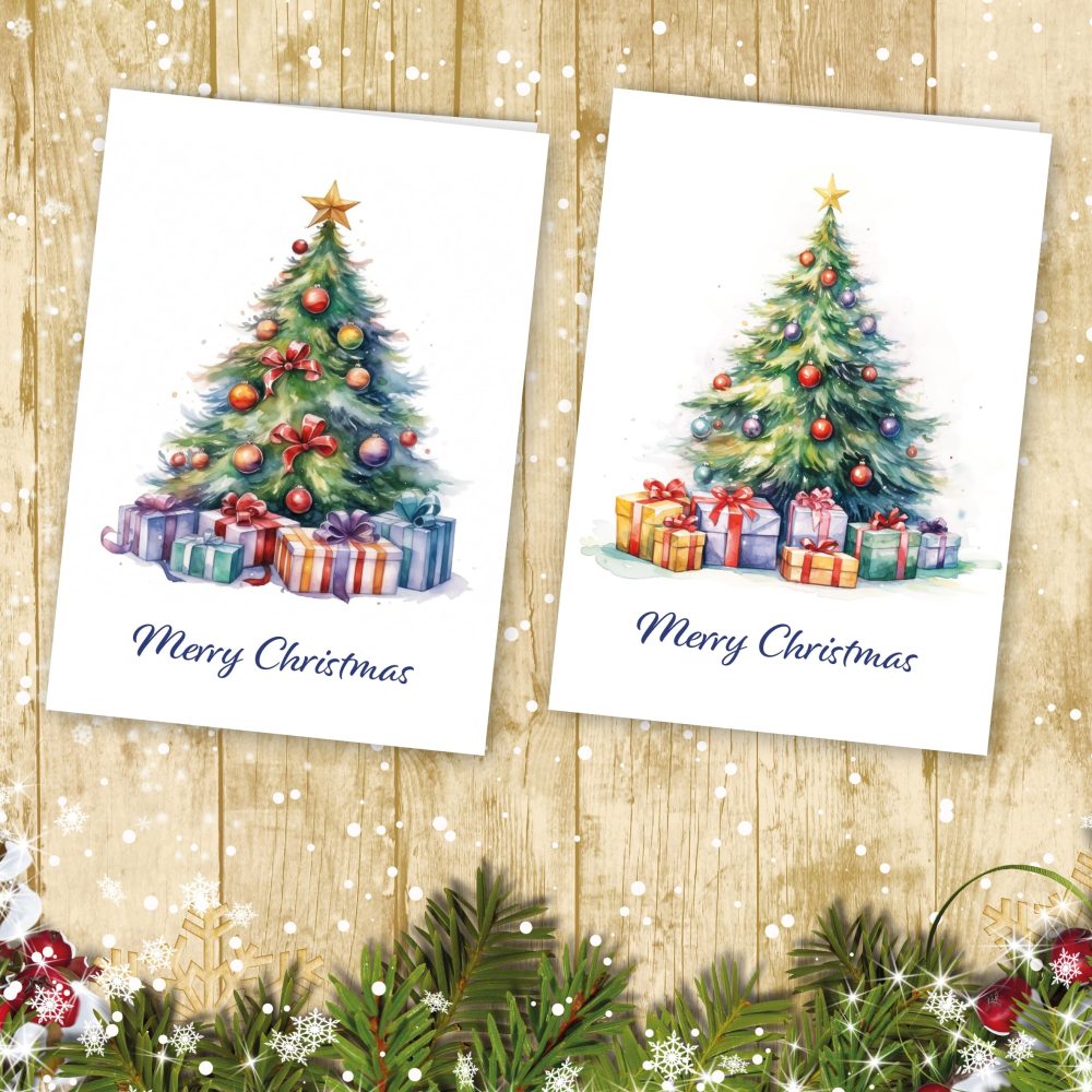 Charity Christmas Cards Pack of 24. Each Christmas Card pack has 4 different Watercolour Christmas Tree designs. Ecofriendly and UK made. Blank Inside. A6 card size. - Image 5