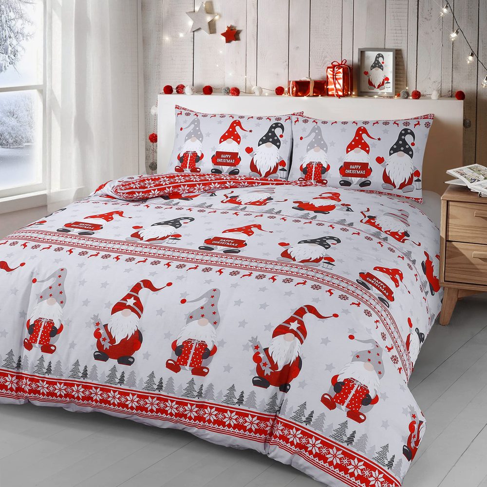 Velosso Gonks Christmas Winter Xmas Grey Red Festive Cotton Rich Bedding Set Duvet Cover an Pillowcase Set (Single) - Image 8