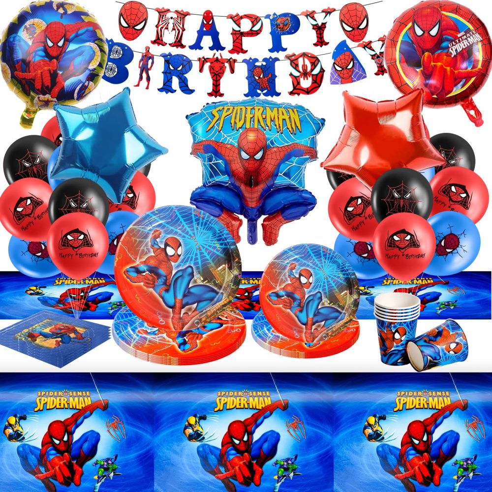 Spi-der Birthday Decoration, 75PCS Spidey Party Decorations Tableware Set, Superhero Birthday Decorations Including Plates Tablecloth Happy Birthday Banner Balloons for Boys Kids Theme Party Supplies