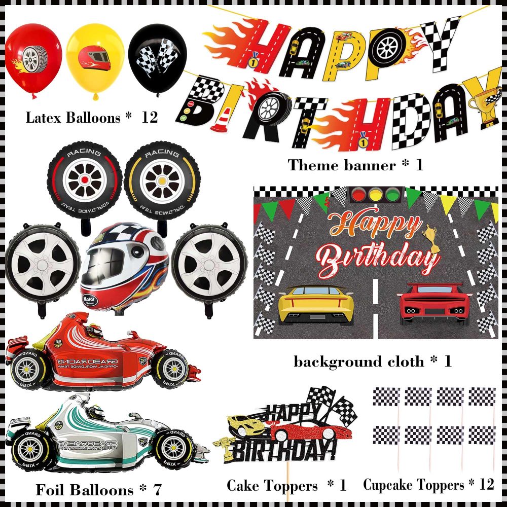 Race Car Birthday Party Decorations - 32Pcs Racing Car Happy Birthday Bunting Banner Checkered Cake Topper Motorcycle Foil Balloons for Kid Boy Let's Go Racing Themed Party Supplies - Image 6