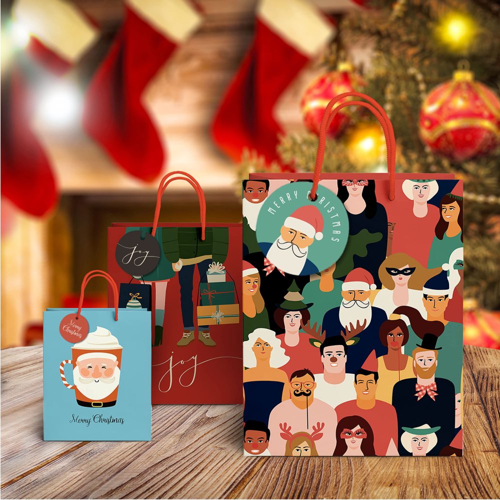 easykart labels 12 Christmas Bag Assortment, 4 Each of Small 6", Medium 9", Large 13”, Santa Claus Theme Kraft Paper Bags Christmas Goody Bags for Gift Wrapping - Image 2