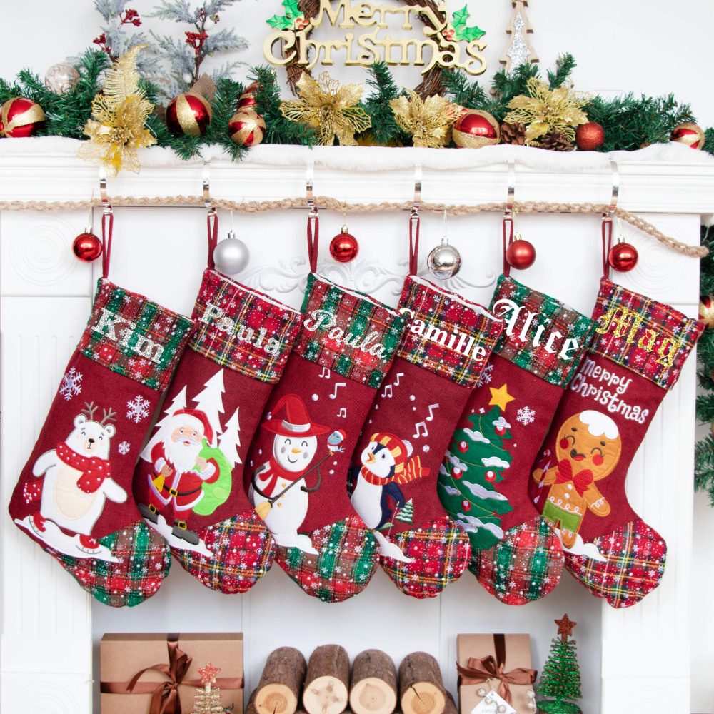 2024 NEW Personalised Christmas Stockings with Names, Large Xmas Socks Glitter Plaid Snowflake Print for Family Traditional Holiday Hanging Ornament Fireplace Christmas Decorations Decor 1 Pack