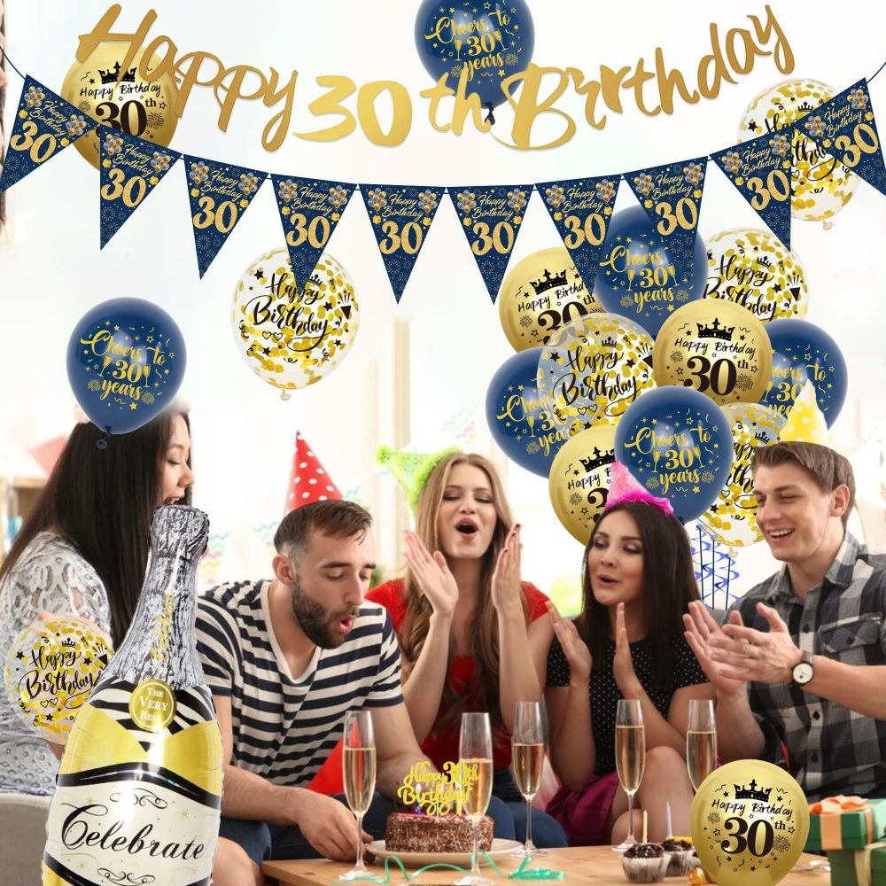 30th Birthday Decorations for Men - Blue Gold Happy 30th Birthday Banners Cake Topper Pennant Latex Balloons Wine Bottle Balloon Sash for 30th Birthday Party Supplies - Image 3