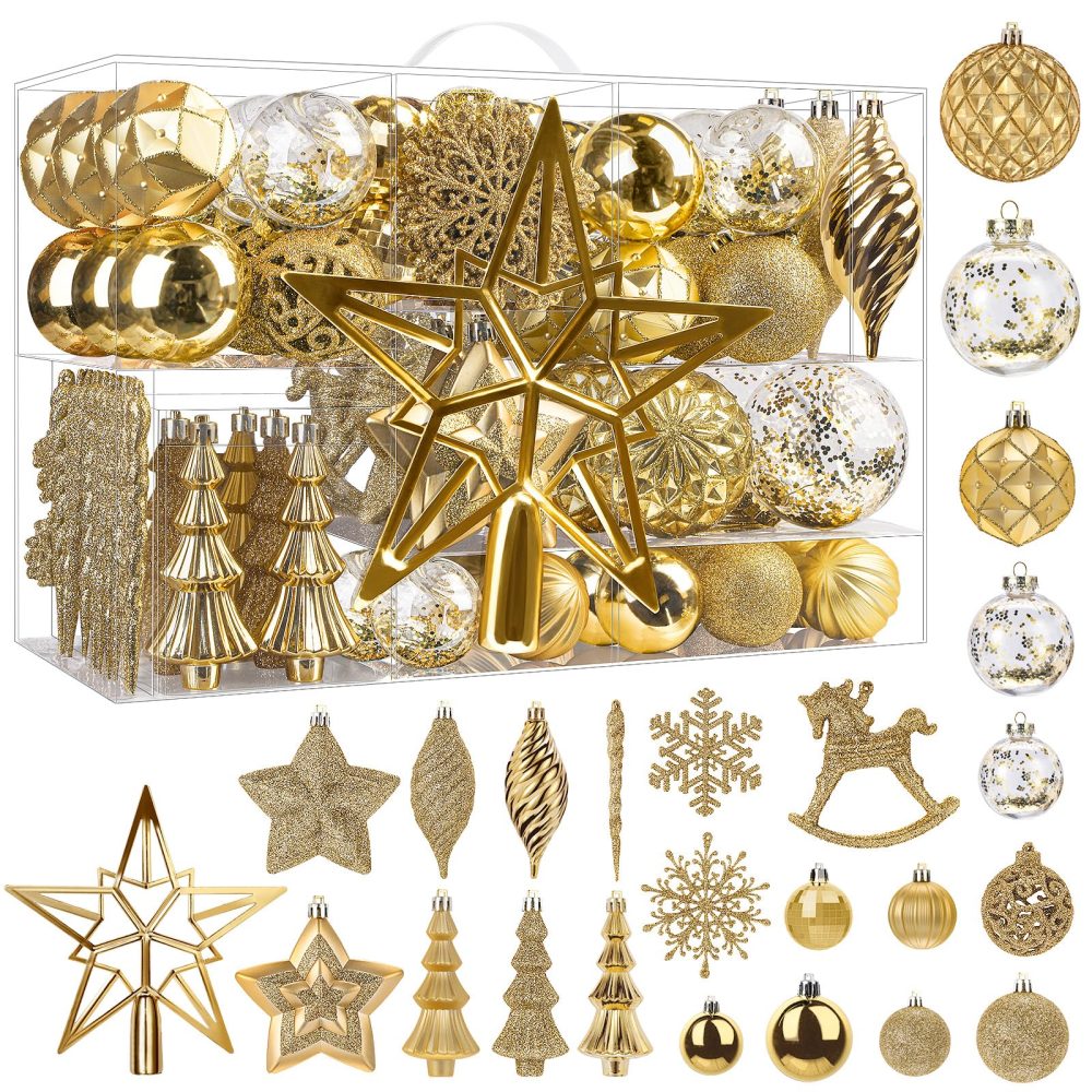 SHareconn 100pcs Christmas Tree Decorations Ornaments Set, Shatterproof Plastic Christmas Baubles Decorative Balls for Xmas Tree Decor Holiday Wedding Party, Glod