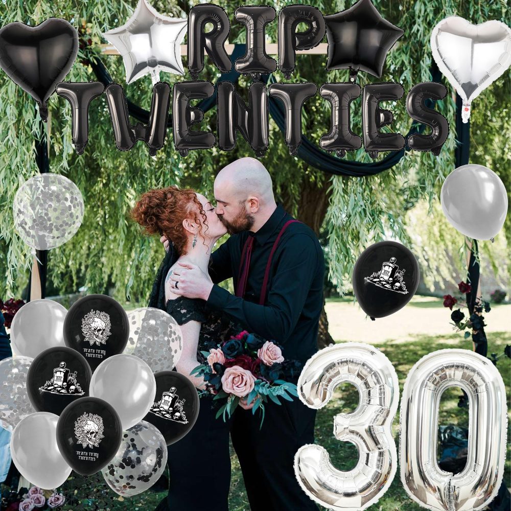 Rip 20s Birthday Decorations - Black and Silver Death to My Twenties Banner Sash Cake Topper Letter Heart Star Number Balloons for Men Women Halloween Goth Themed 30th Birthday Party Supplies - Image 2