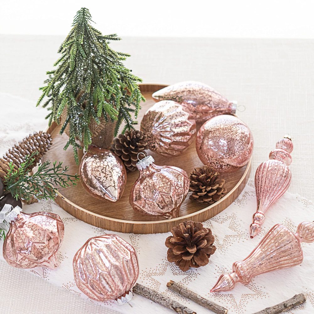 KI Store Mercury Glass Christmas Tree Ornaments Rose Gold Set of 8 80mm 120mm Hanging Christmas Baubles Finials for Christmas Tree Decoration Holiday Décor - Image 5