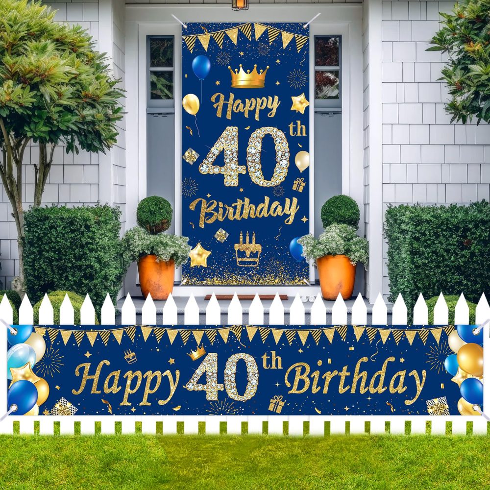 Blue 40th Birthday Decorations for Men Women, Navy Blue Gold Happy 40th Birthday Banner and 40th Birthday Door Banner for 40 Years Old Men Women Anniversary Birthday Party Supplies Porch Sign Decor - Image 6