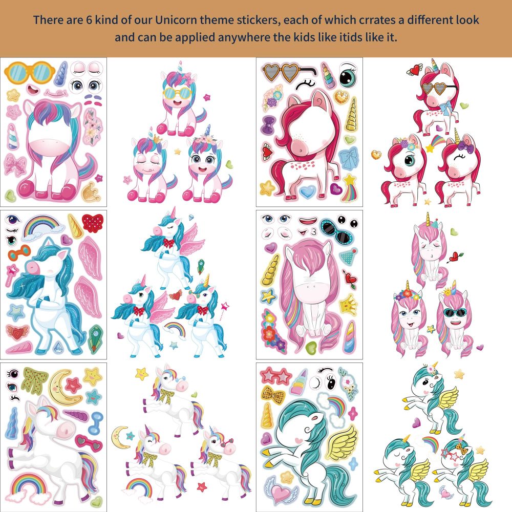 24 PCS Unicorn Make a Face DIY Stickers for Kids, Unicorn Party Bag Fillers Gift Set for Girls Boys, Unicorn Sticker Sheets Birthday Party Decorations Party Supplies, Party Favours Kit School Prize - Image 5