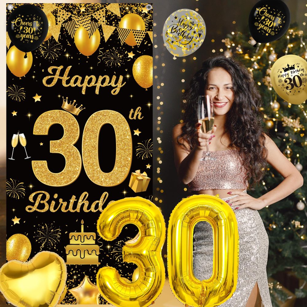 30th Birthday Decorations Women Men - Black Gold 30th Birthday Door Banner Triangle Flag Banner 30th Birthday Balloons and Confetti, Happy 30 Years Old Theme Party Supplies for Her and Him - Image 6