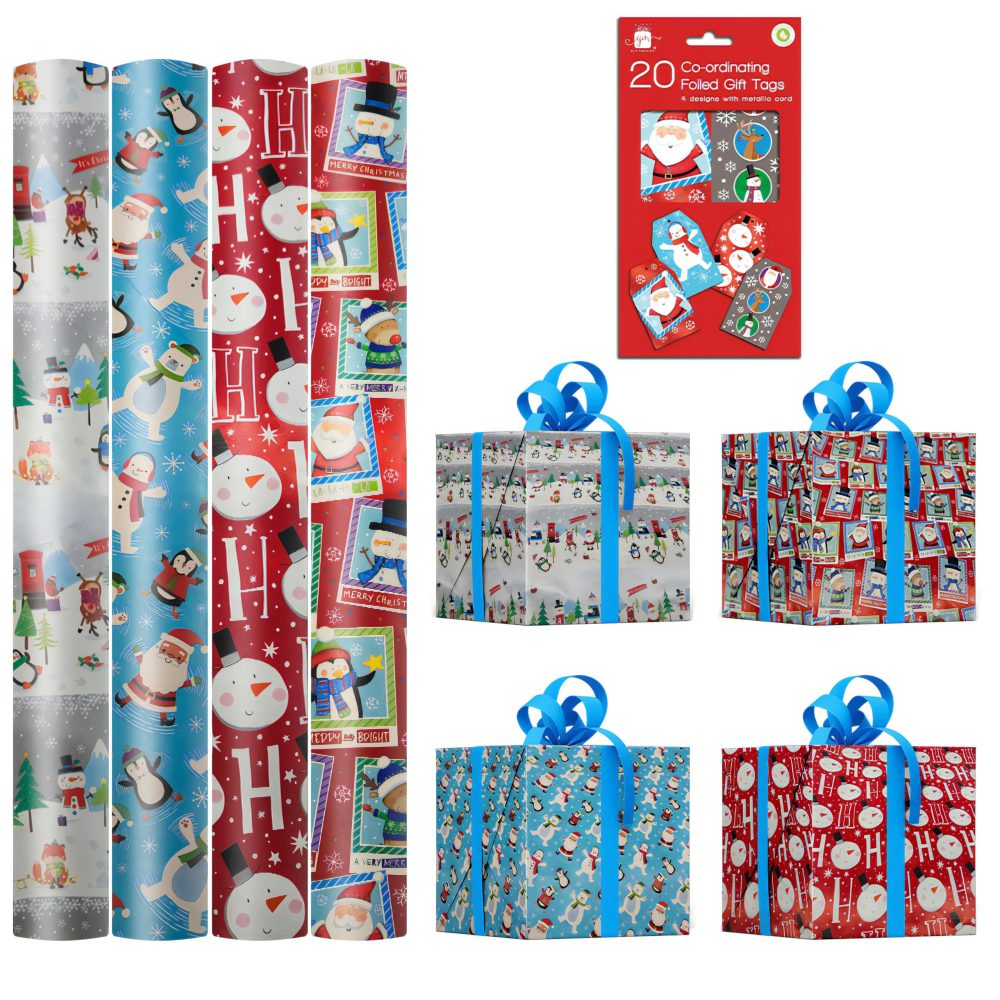 ANGIX 4 x 7M Christmas Wrapping Paper Roll with 20 Gift Tags Cute Traditional Gift Wrap Wrapping Paper Sheets for X-Mas & Birthday Parties (28 Meters Total)