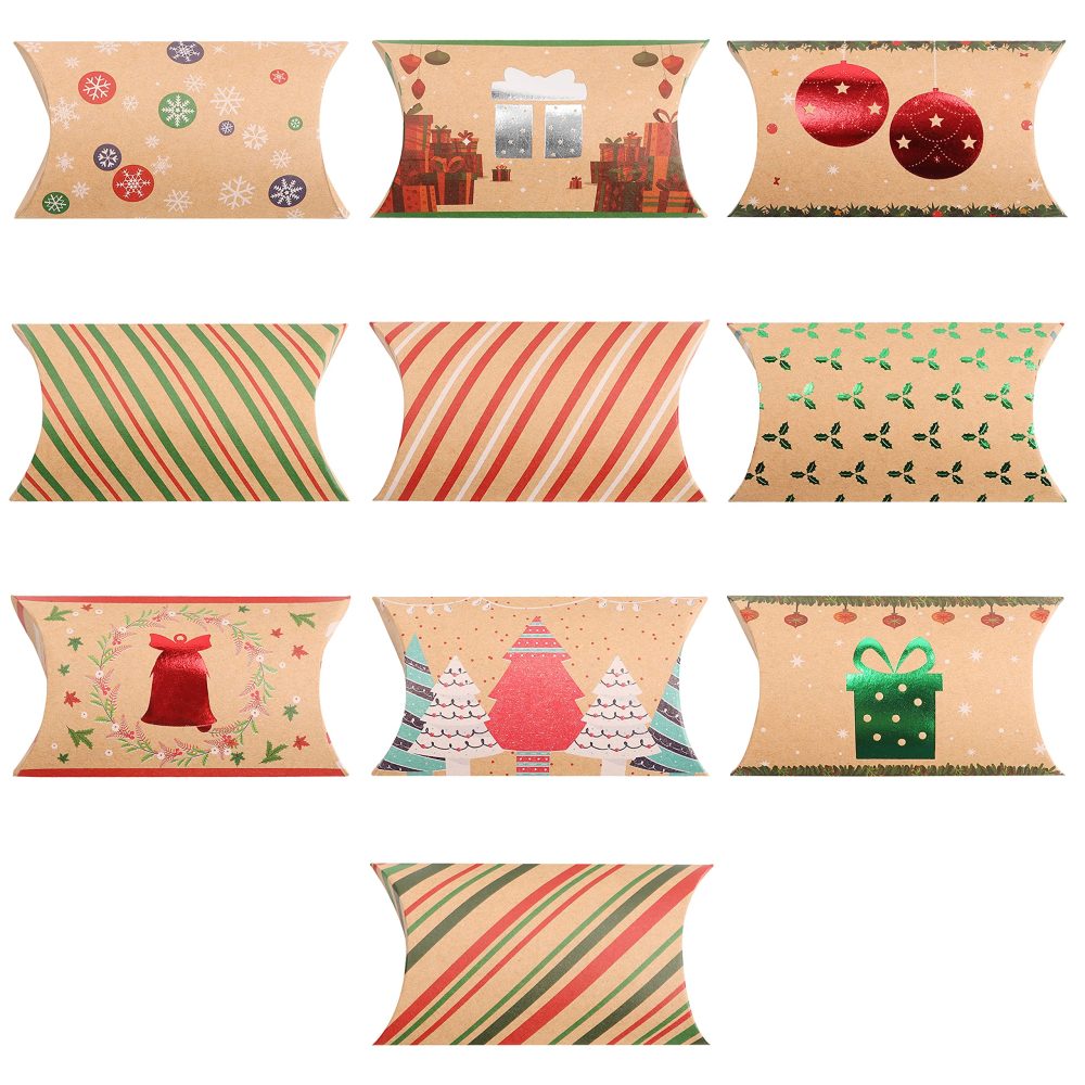 BELLE VOUS Christmas Pillow Boxes (50 Pack) - 10 Xmas Theme Winter Kraft Paper Box 11 x 7cm - Xmas Festive Presentation, Party Favours, Candy Box, Jewellery & Christmas Decoration
