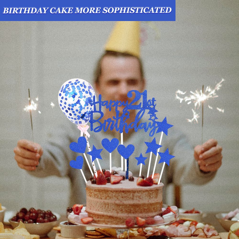 Zayin Personalised Happy 21th Birthday Cake Topper Set,Happy Birthday Sign for Cake,11p Glitter Balloon Stars Heart Cupcake Topper 21th Birthday Cake Party Decoration(21 year old, Royal Blue) - Image 3
