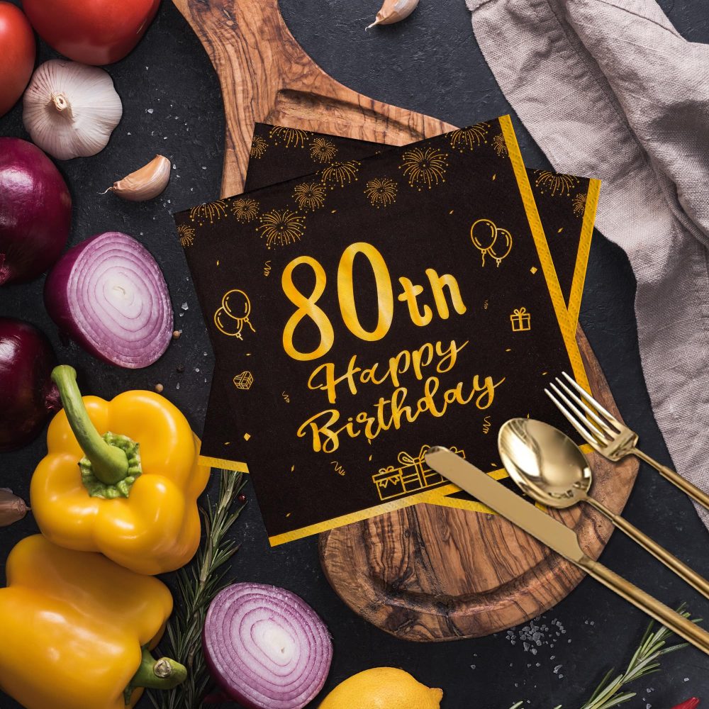 TOPWAYS Black Gold 80th Birthday Decorations Paper Napkins, 60pcs Disposable Paper Birthday Napkins Table Decoration for Women Men 80 Birthday Party Supplies Table Decoration, Birthday Tissue (80th) - Image 5