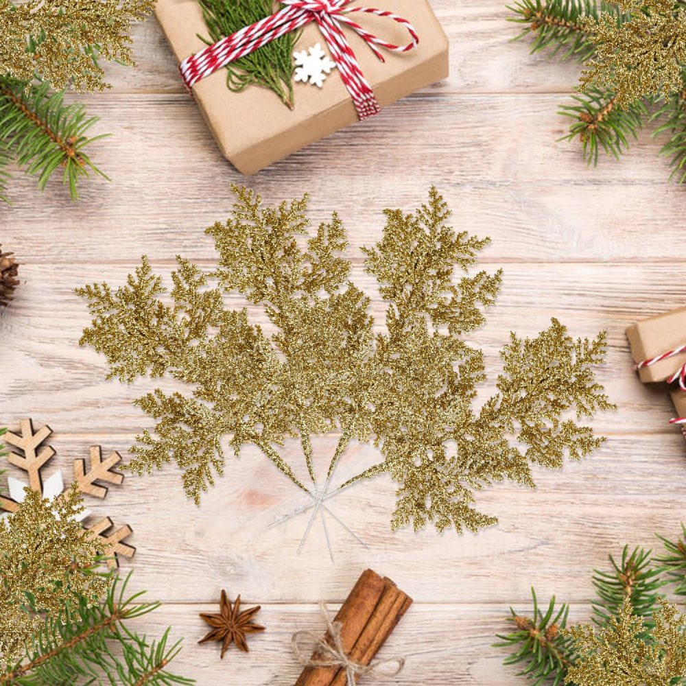 VEYLIN 10 Pcs Artificial Christmas Leaves Picks, Gold Glitter Branches for Xmas Tree Wreath Festival Decoration - Image 3