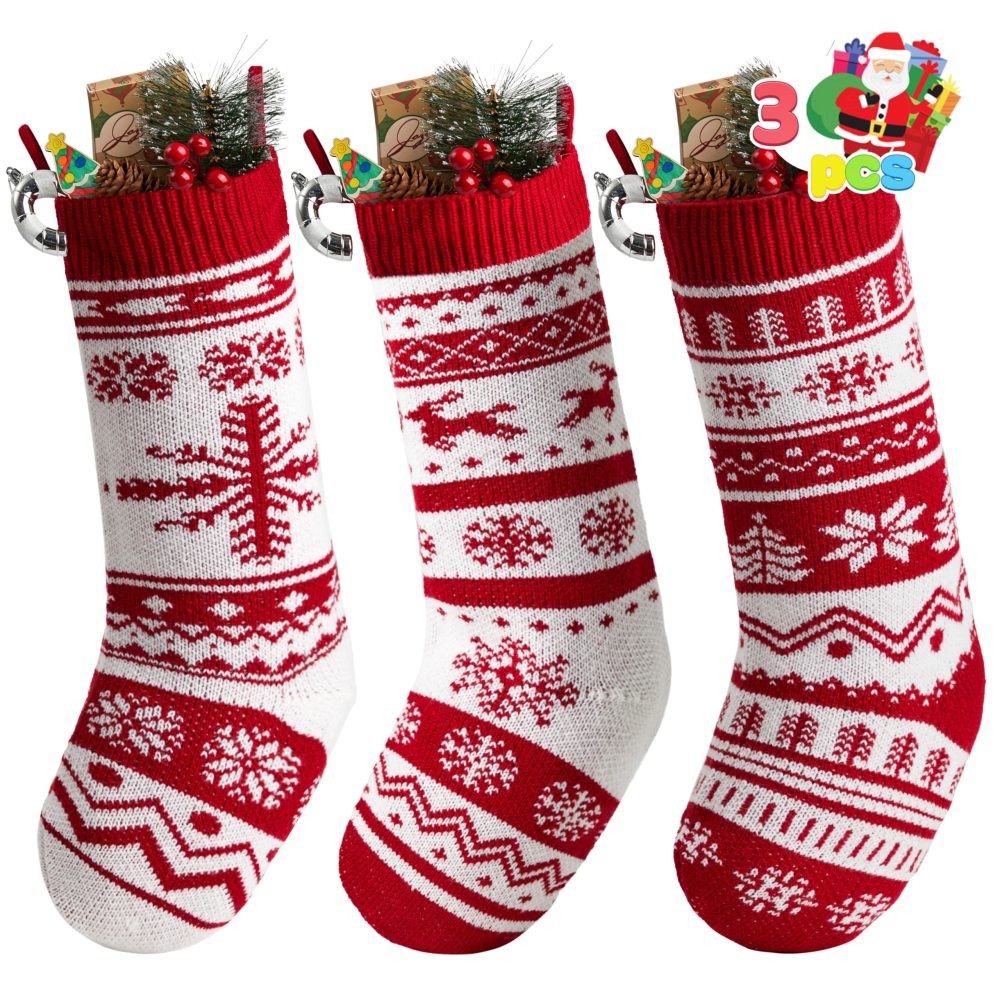 JOYIN 3 Pack 45cm Knit Christmas Stockings, Large Rustic Yarn Xmas Stockings for Family Holiday Decorations