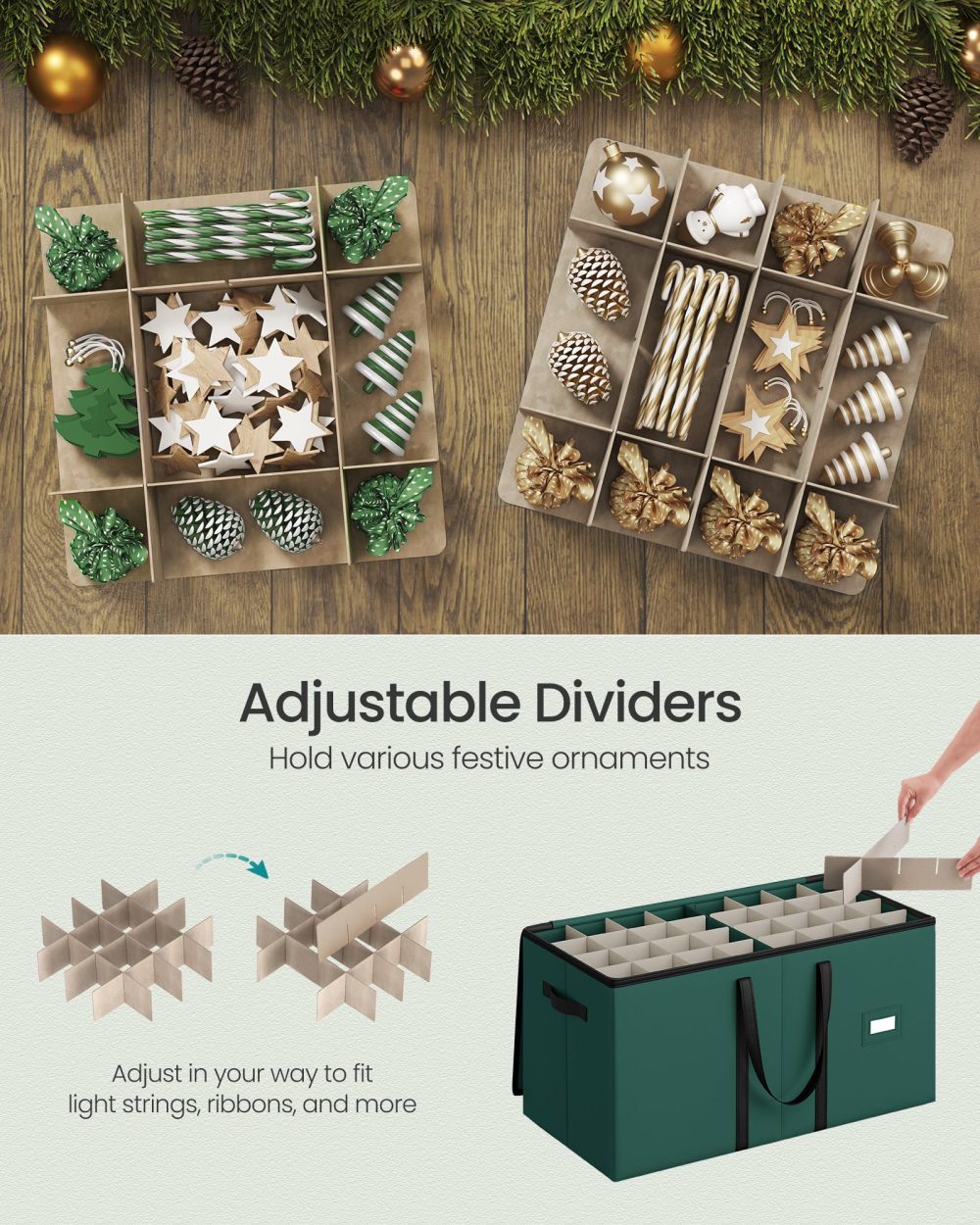 SONGMICS Christmas Decoration Storage Box, 7.6 cm 128 Slots, Stackable Christmas Bauble Storage Box with Lid, Dual Zippers, Adjustable Dividers, Non-Woven Fabric, Forest Green RFB039C01 - Image 4