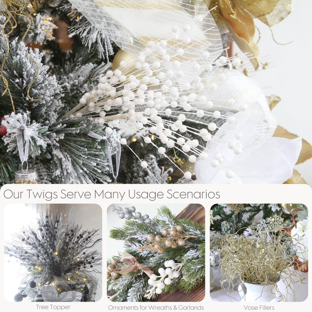 Sea Team 24-Pack Artificial Glitter Berry Stem Ornaments, Decorative Bead Sticks, Glittery Twigs, Picks, Branches for Christmas Tree, Small Vase, Holiday, Wedding, Party (17 Inches, White) - Image 4
