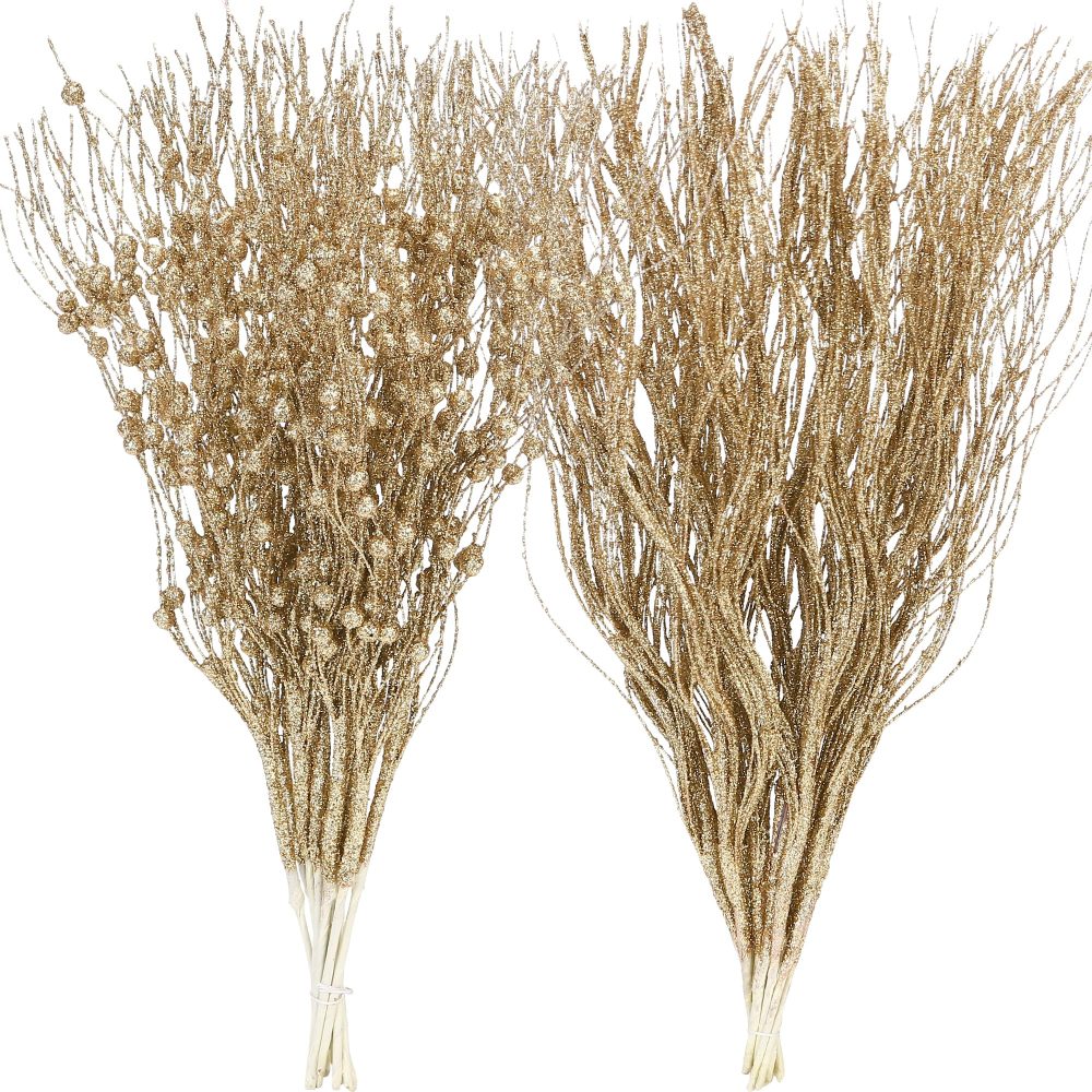 Sea Team 12-Pack Artificial Glitter Berry Stem Ornaments, Decorative Bead Sticks, Glittery Twigs, Picks, Branches for Christmas Tree, Small Vase, Holiday, Wedding, Party (17 Inches, Gold)