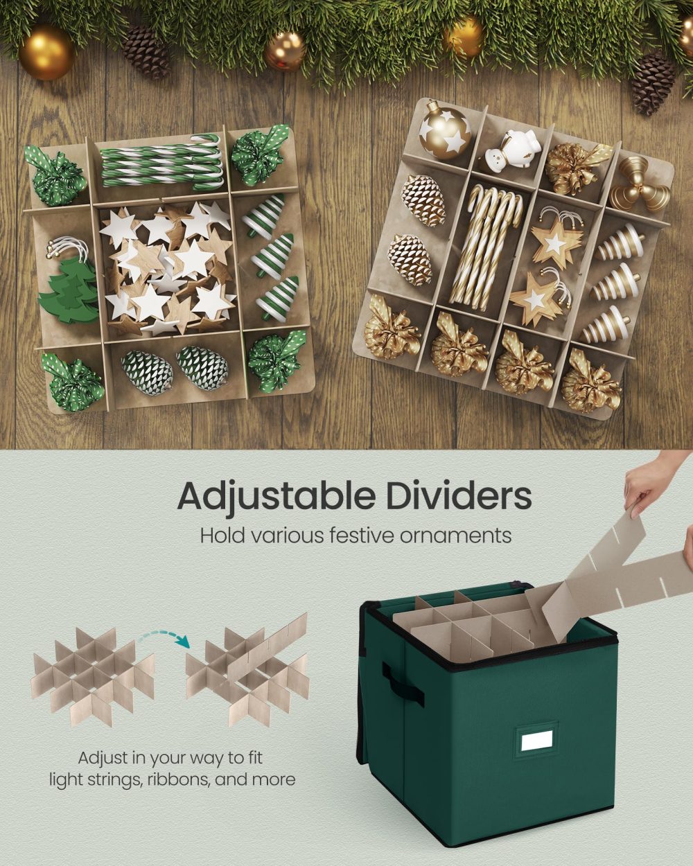 SONGMICS Christmas Decoration Storage Box, 7.6 cm 64 Slots, Stackable Christmas Bauble Storage Box with Lid, Dual Zippers, Adjustable Dividers, Non-Woven Fabric, Forest Green RFB036C01 - Image 5
