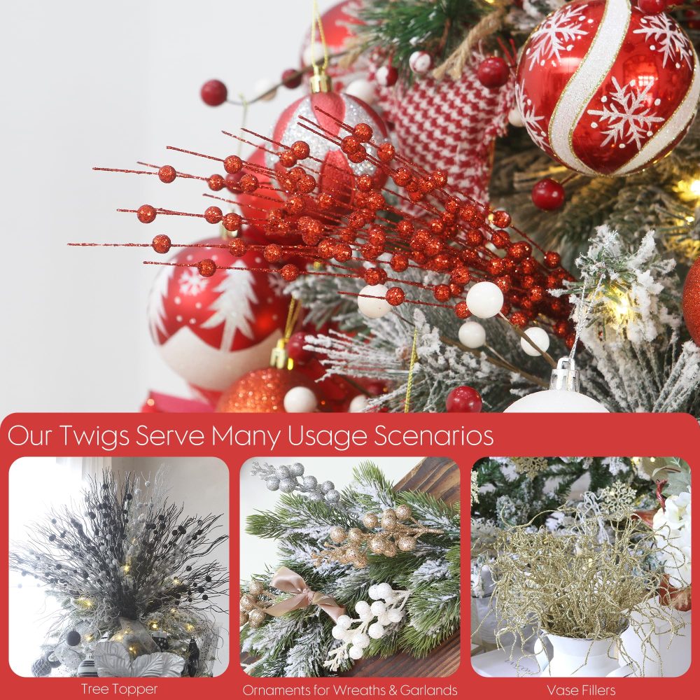 Sea Team 24-Pack Artificial Glitter Berry Stem Ornaments, Decorative Bead Sticks, Glittery Twigs, Picks, Branches for Christmas Tree, Small Vase, Holiday, Wedding, Party (17 Inches, Red) - Image 4