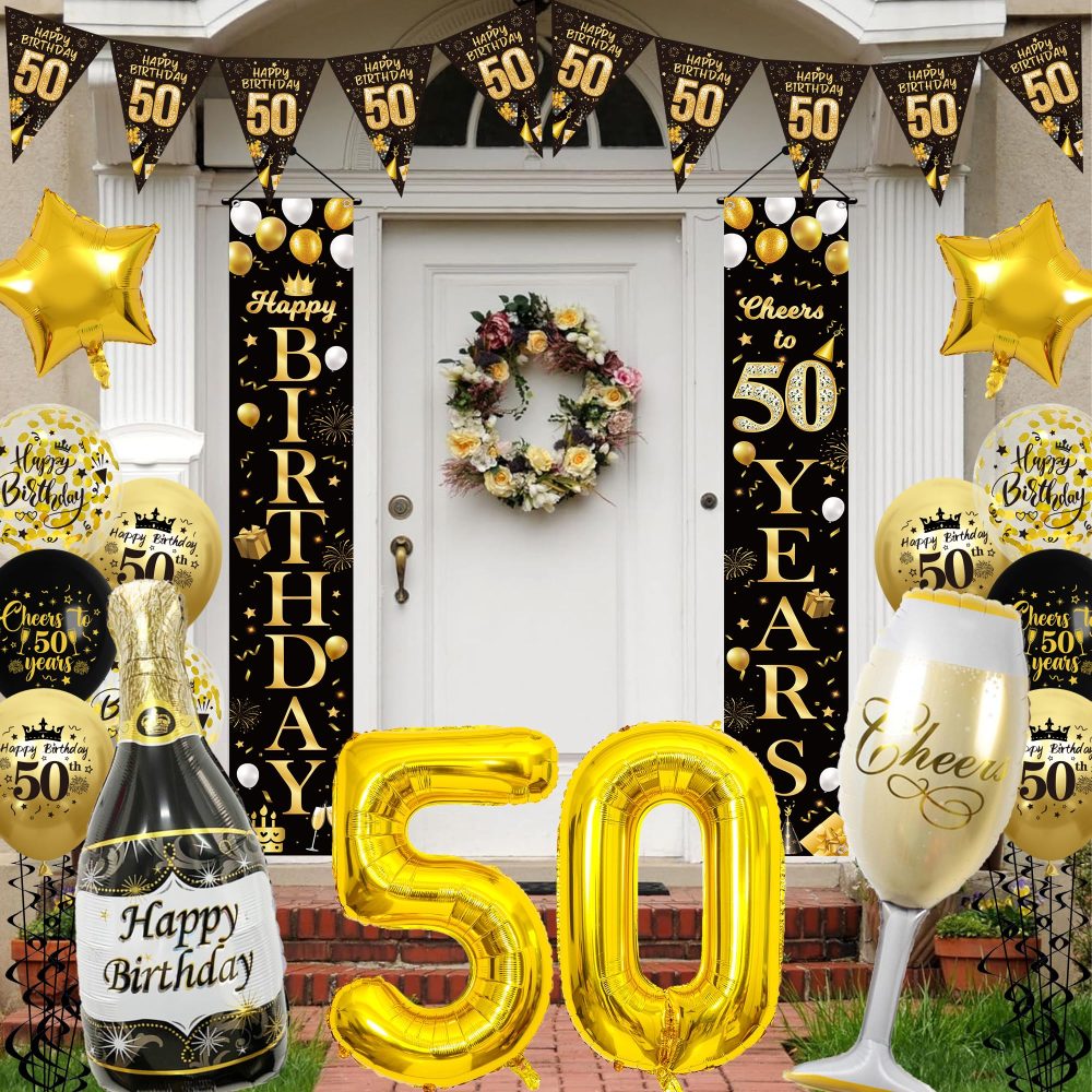 50th Birthday Decorations Women Men - Black Gold Happy 50th Birthday Door Porch Sign Banner Triangle Bunting Flags, Latex and Foil Balloons, Cheers to 50 Years Theme Party Supplies for Her and Him - Image 6