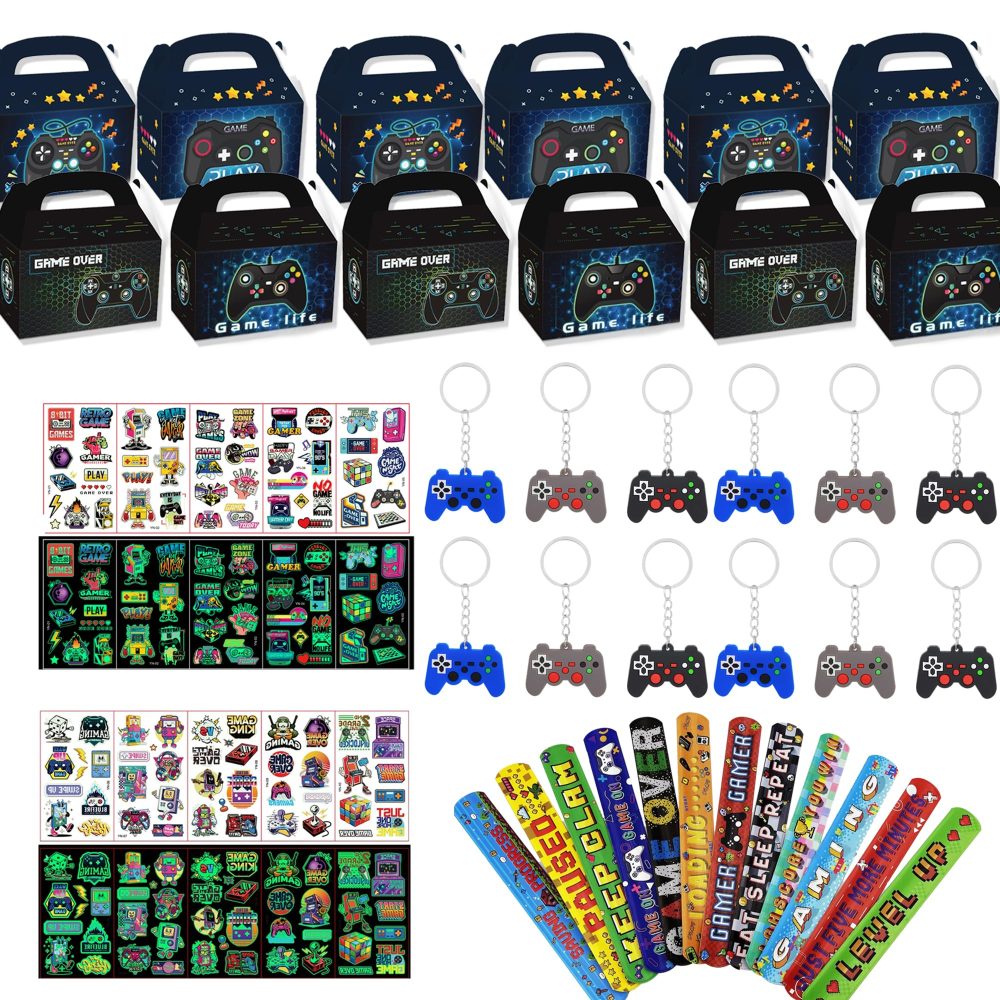Aoyama Video Gamer Party Bag Fillers - 46Pcs Video Game Party Favours Blue Gaming Gift Bags Slap Bands Luminous Tattoo Sticker Gaming Keyrings for Kids Boys Girls Birthday Party Supplies