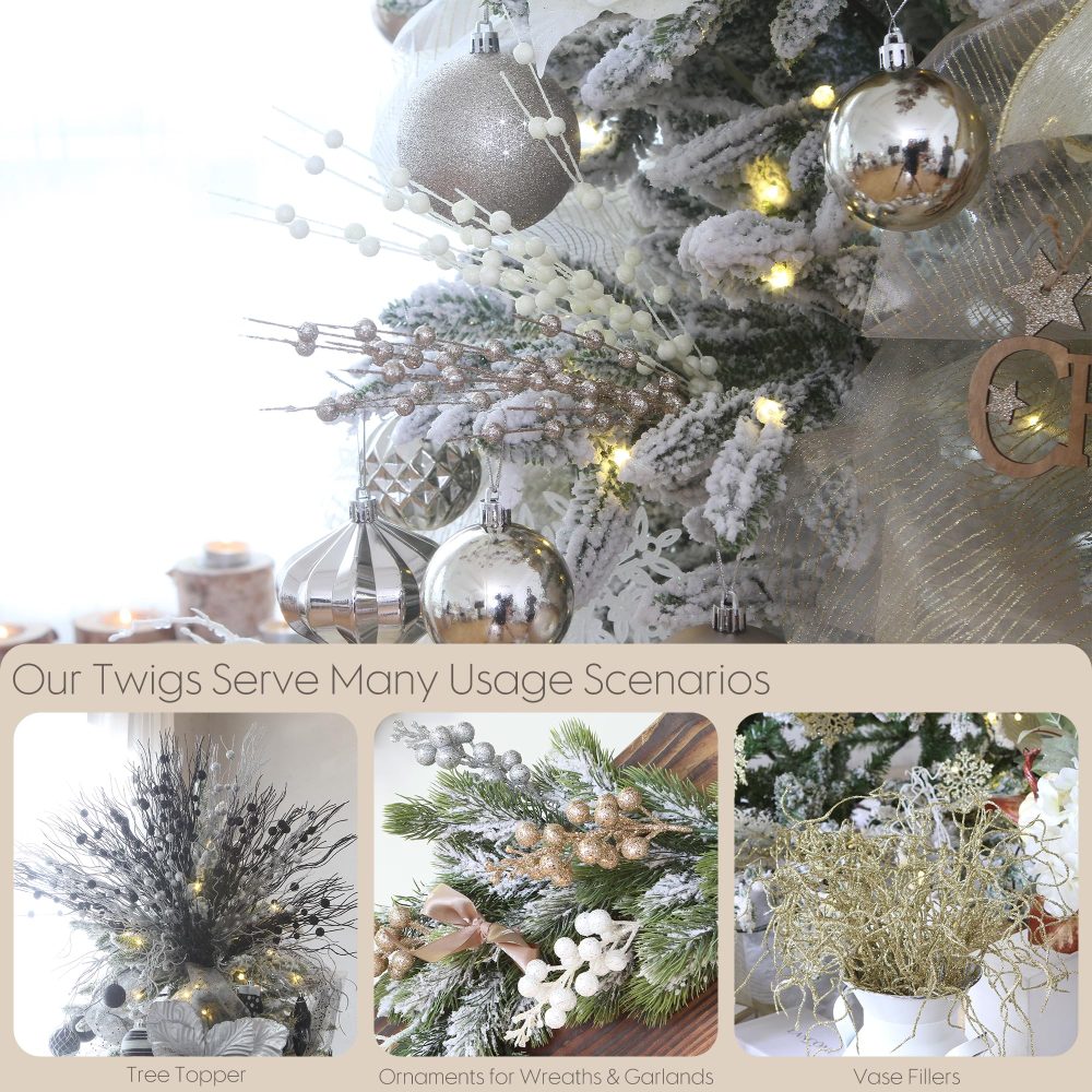 Sea Team 24-Pack Artificial Glitter Berry Stem Ornaments, Decorative Bead Sticks, Glittery Twigs, Picks, Branches for Christmas Tree, Small Vase, Holiday, Wedding, Party (17 Inches, Champagne) - Image 4
