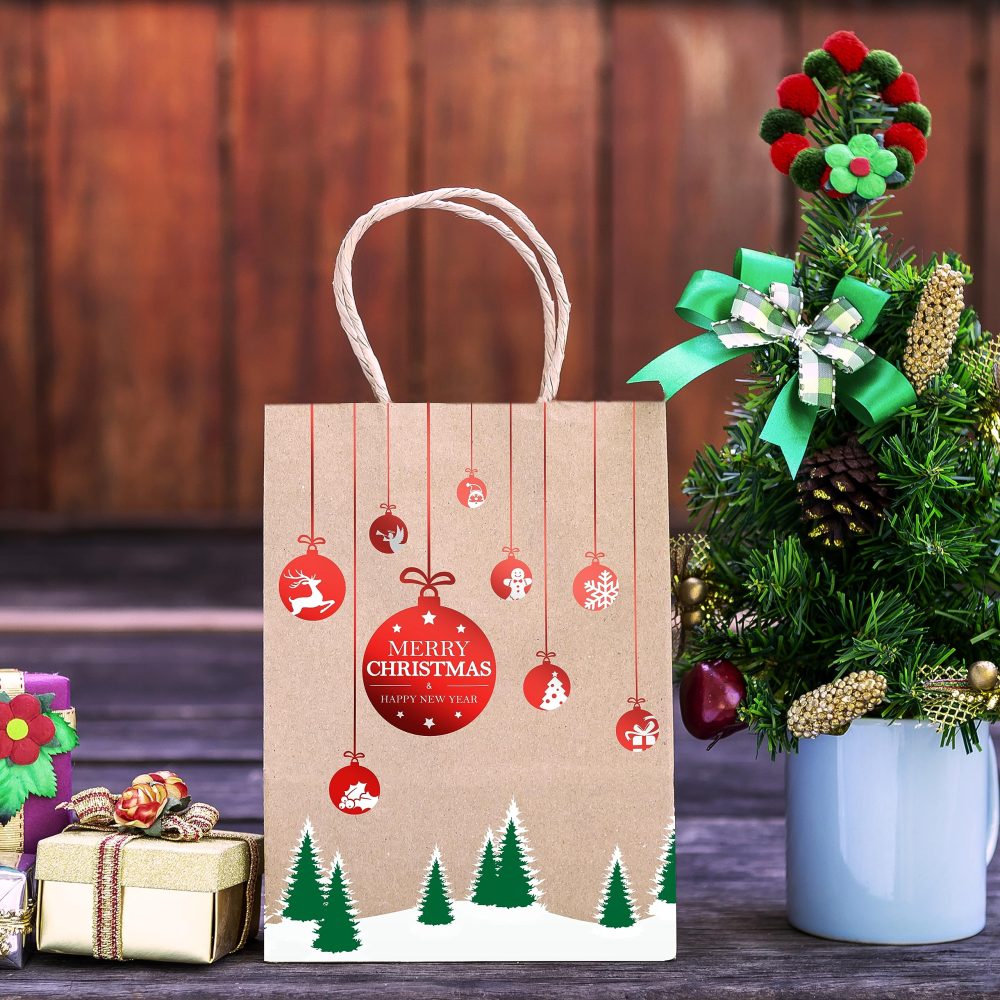 easykart labels 24 Christmas Kraft Gift Bags with Red Foiling for Holiday Paper Gift Bags, Christmas Goody Bags, Xmas Gift Bags, Classrooms and Party Favors (9 x 7.3 x 3.3) - Image 2