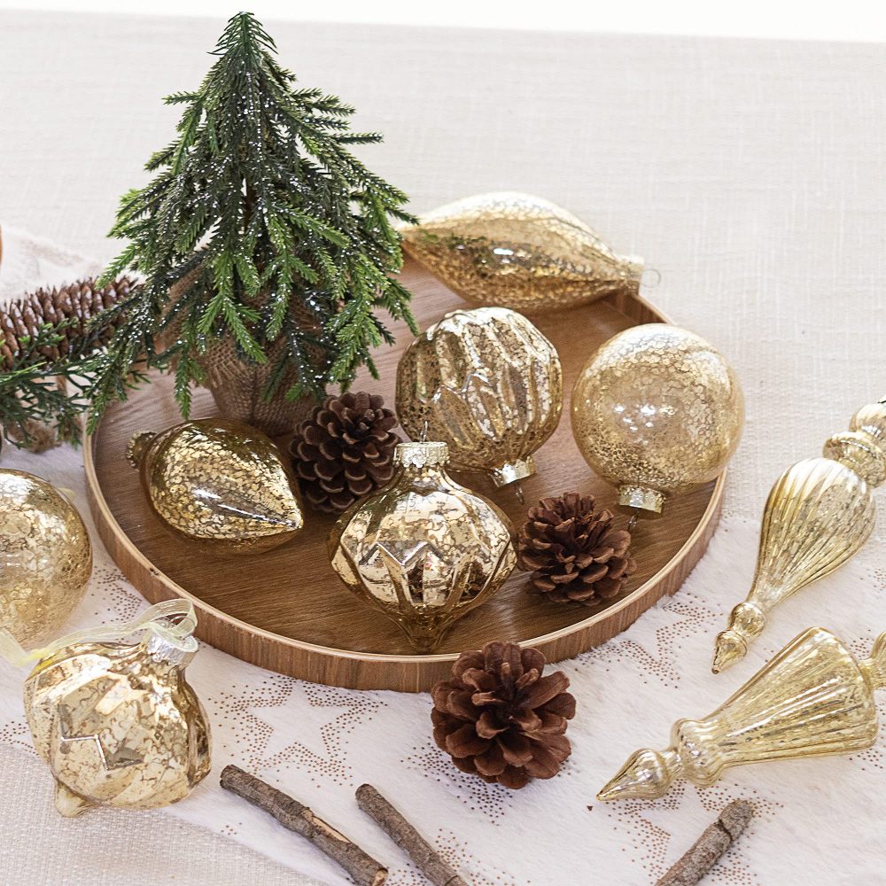 KI Store Mercury Glass Christmas Tree Ornaments Champagne Gold 80mm 120mm Set of 8 Hanging Christmas Baubles Finials for Christmas Tree Decoration Holiday Décor - Image 5