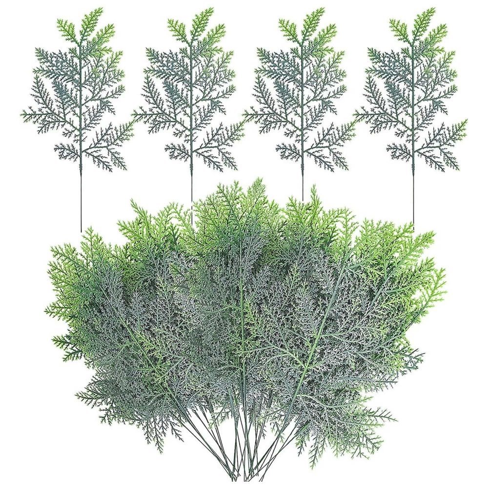Purple Star 60 PCS Artificial Faux Cedar Branches-13x7.5 Inch Artificial Cedar Sprigs-Faux Cedar Pine Stems Picks for DIY Garland Wreath Christmas Embellishing Home Garden Decoration