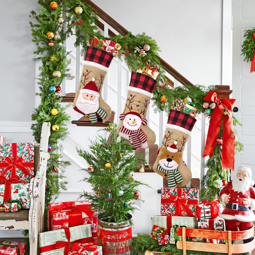 ASTNIC Personalised Christmas Stockings 3 Pack,18”Large Burlap Plaid Custom Christmas Stocking with Name Tag,Santa Snowman Reindeer Embroidered Stockings for Family Kids Fireplace Holiday Decoration - Image 6