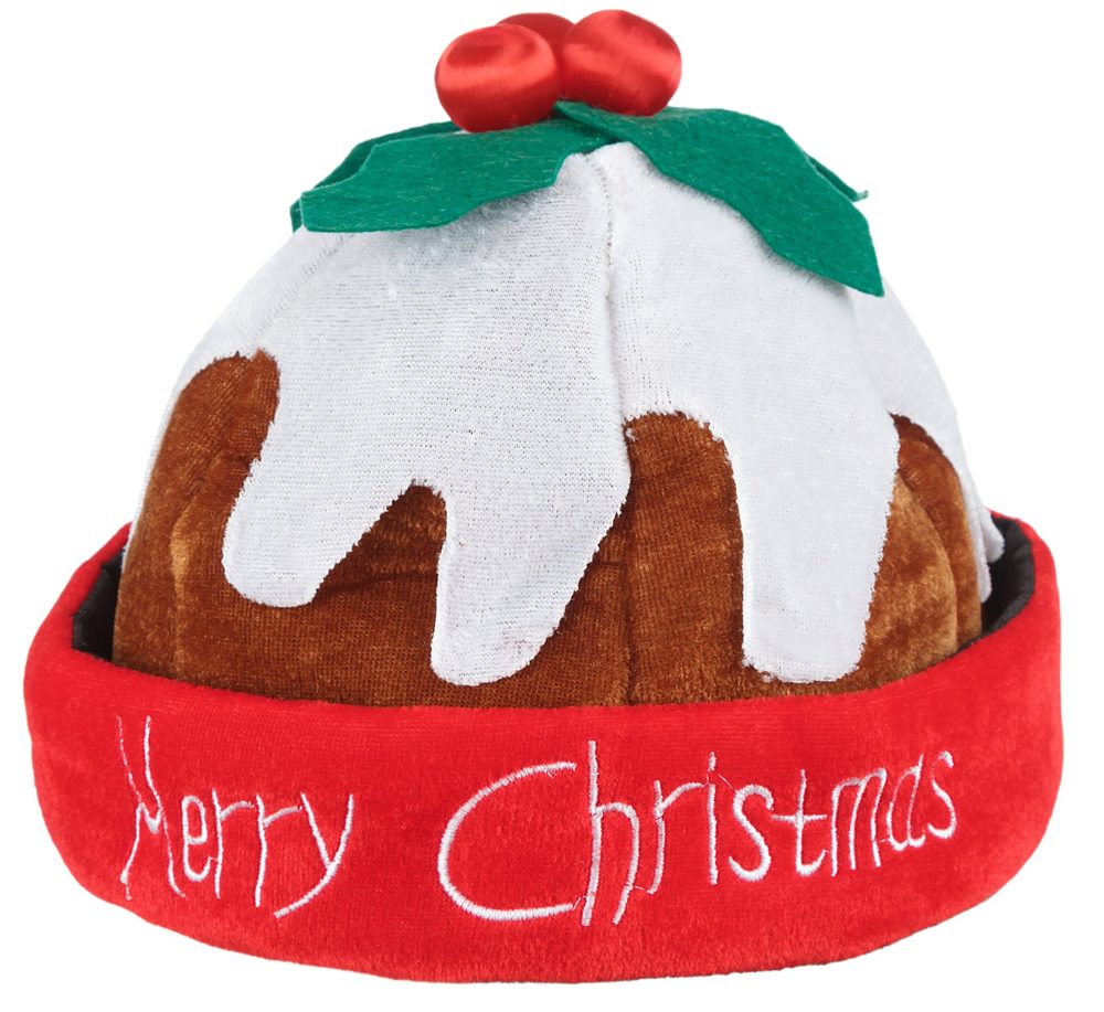 Deluxe Novelty Christmas Pudding Hat - Beanie Hat with Holly Berries - Warm Fleece Hat with Rolled Brim - Fancy Dress/Xmas Party Hats for Adults and Teens