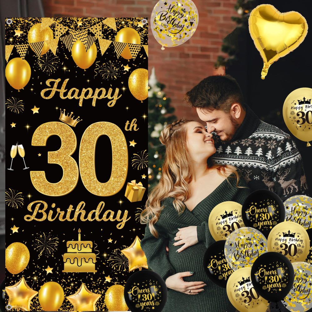 30th Birthday Decorations Women Men - Black Gold 30th Birthday Door Banner Triangle Flag Banner 30th Birthday Balloons and Confetti, Happy 30 Years Old Theme Party Supplies for Her and Him - Image 3