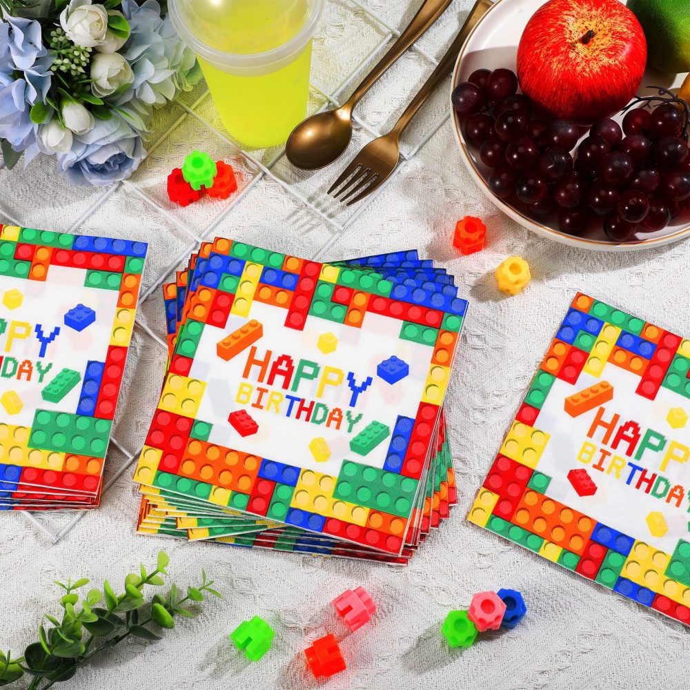 Tenare 32 Pcs Multicolor Building Blocks Happy Birthday Napkins Luncheon Paper Napkins 6.5 x 6.5 Inches Disposable Festive Napkins for Adults Birthday Party Supplies - Image 2