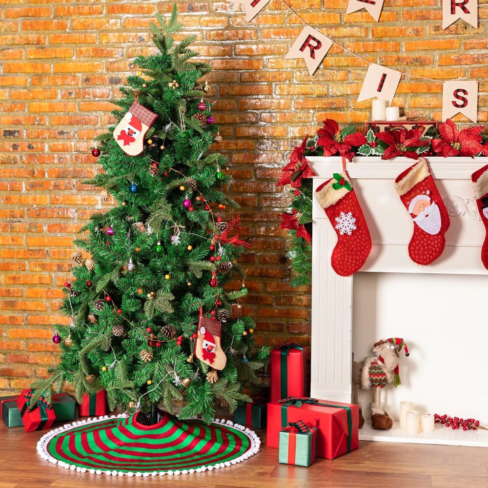 MACTING Christmas Tree Skirt, 30 Inches Red and Green Stripes Tree Skirt with Small Pom Poms Edge for Xmas Tree Christmas Decoration - Image 2
