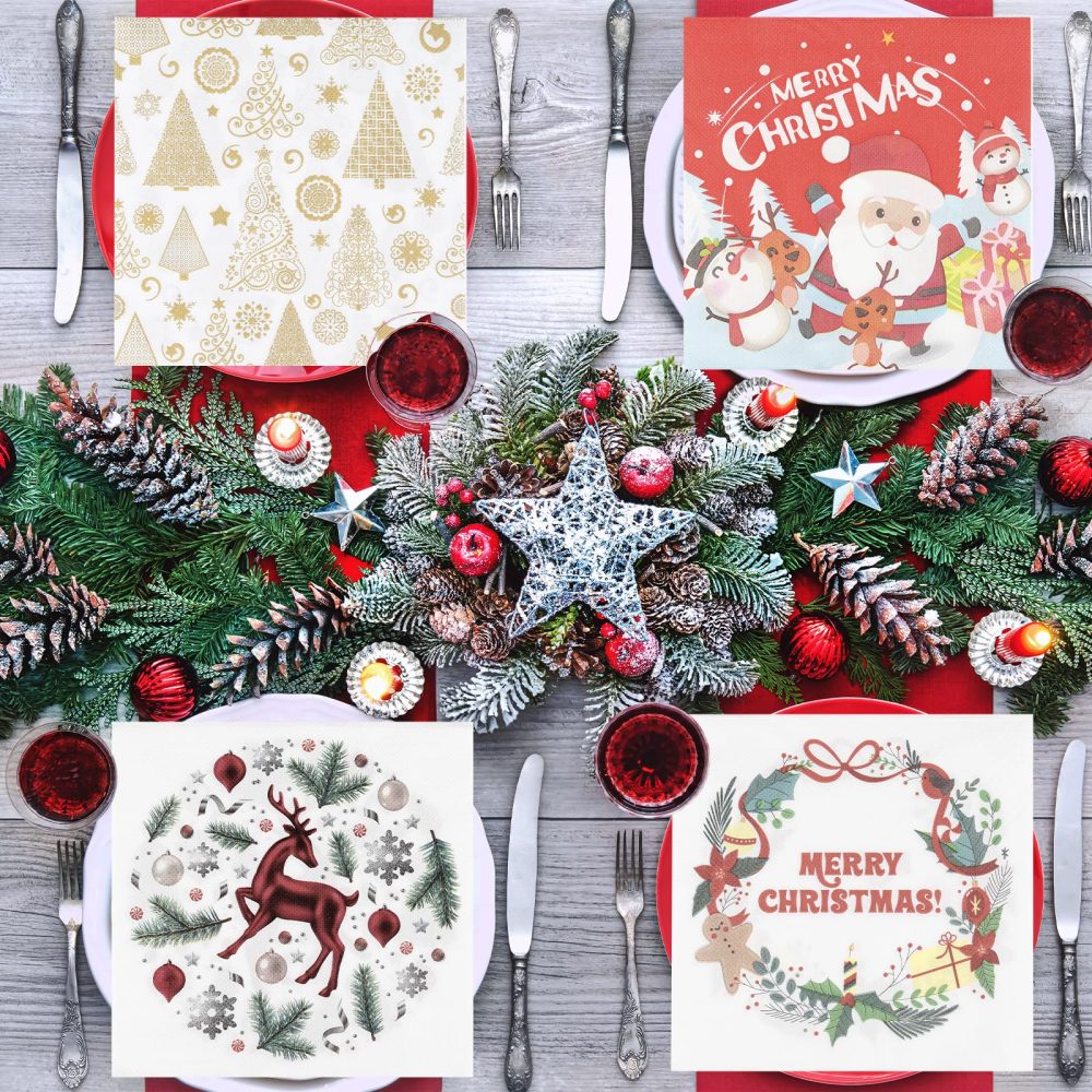 Yiran 20pcs Christmas Party Napkins,33x33CM Gold Christmas Tree Napkins, Cocktail Napkins Dinner Napkins Soft Paper Serviettes Napkins Disposable Party Tableware for Christmas Eva Party Decorations - Image 2