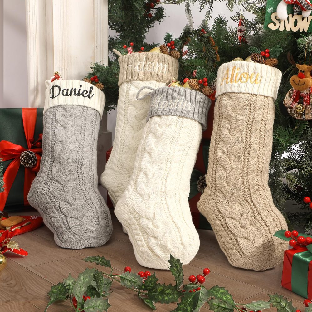 Personalised Christmas Stockings 18” Large Custom Name Family Christmas Stockings,Customised Embroidered Name Knitted Xmas Stockings for Initial Fireplace Hanging Decoration(Beige-1Pack) - Image 6
