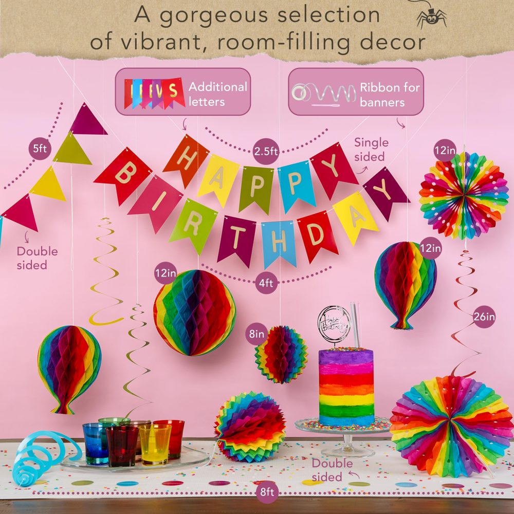 Premium Reusable Birthday Party Decorations - Rainbow Birthday Decoration Set - Happy Birthday Banner, Birthday Bunting, Honeycomb Decorations, Streamers (Paper Colourful Rainbow Party Decorations) - Image 4