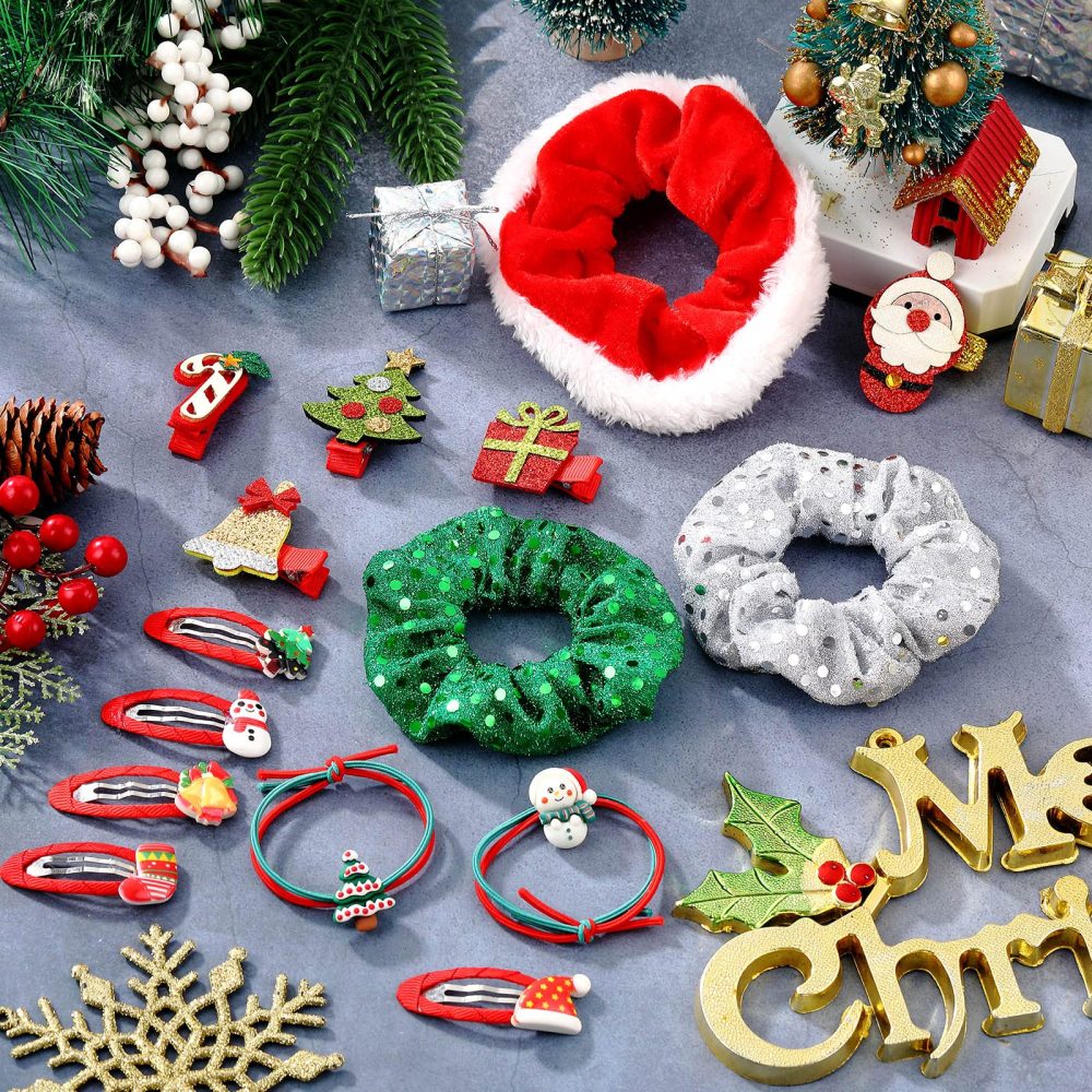 18 Pcs Christmas Hair Accessories for Girls Christmas Hair Clips Sequin Hair Scrunchies Kids Bows Red Hair Clips Hair Ties Snap Barrettes Glitter Elastic Hair Bands Ponytail Holder for Women Girls - Image 6