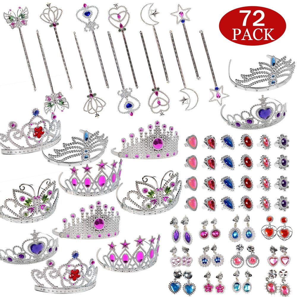 Nunki Toy Jewelry Toy,72 Pieces Princess Pretend Jewelry Toy Playset,Assorted Jewelry Dress Up Costume Toy Rings,Crowns,Wands Toys for Girls Princess Party Favors