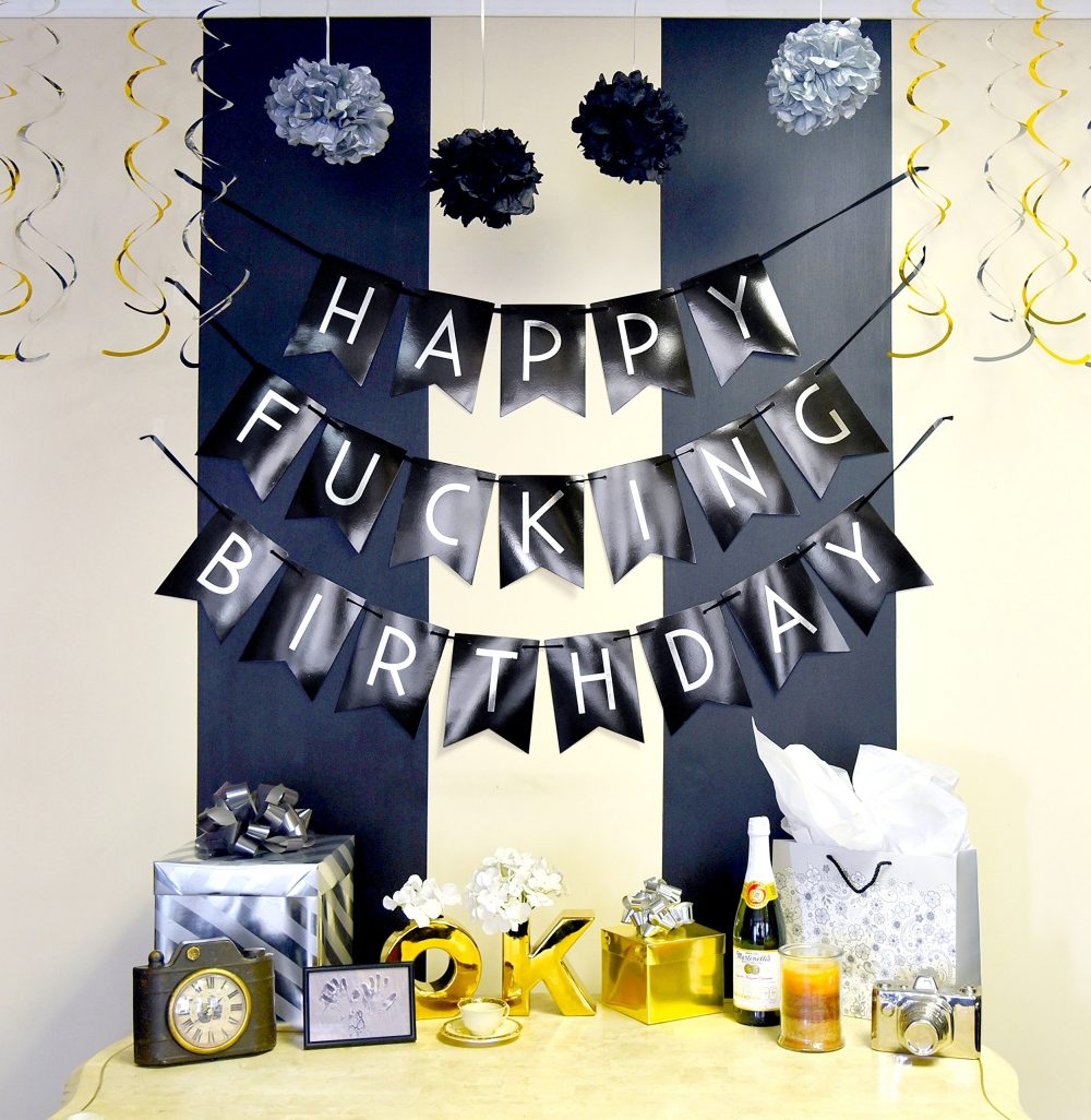 Funny Birthday Party Pack – Black & Silver Happy Birthday Bunting, Poms, and Swirls Pack- Birthday Decorations - 21st - 30th - 40th - 50th Birthday Party Supplies - Image 3