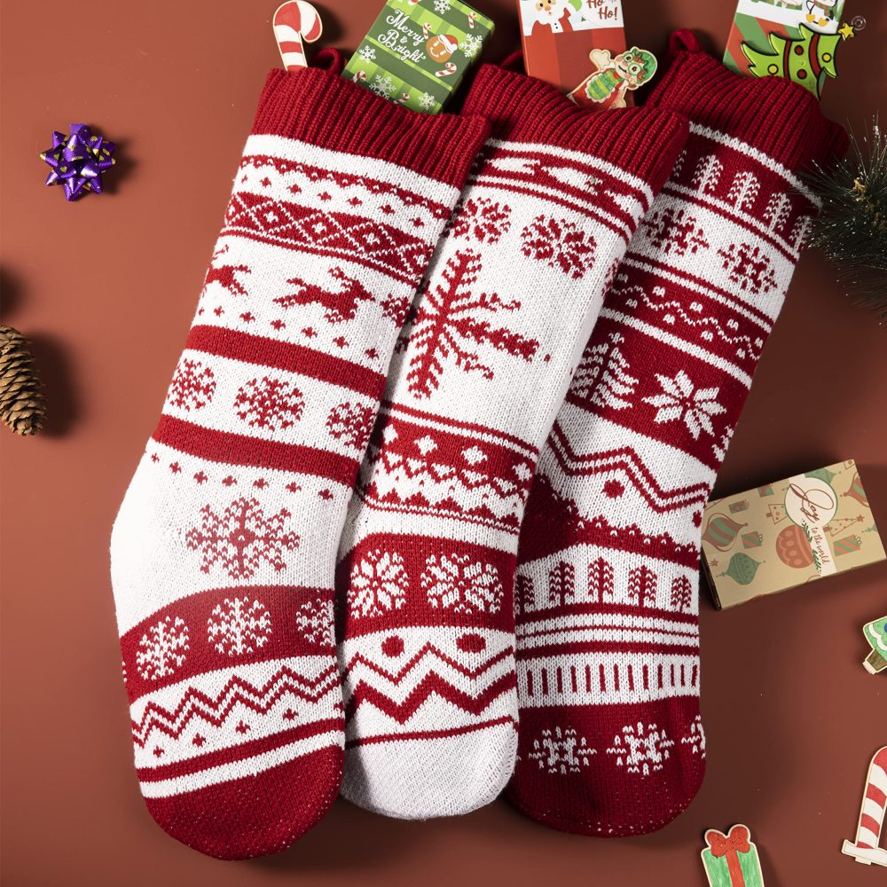 JOYIN 3 Pack 45cm Knit Christmas Stockings, Large Rustic Yarn Xmas Stockings for Family Holiday Decorations - Image 2