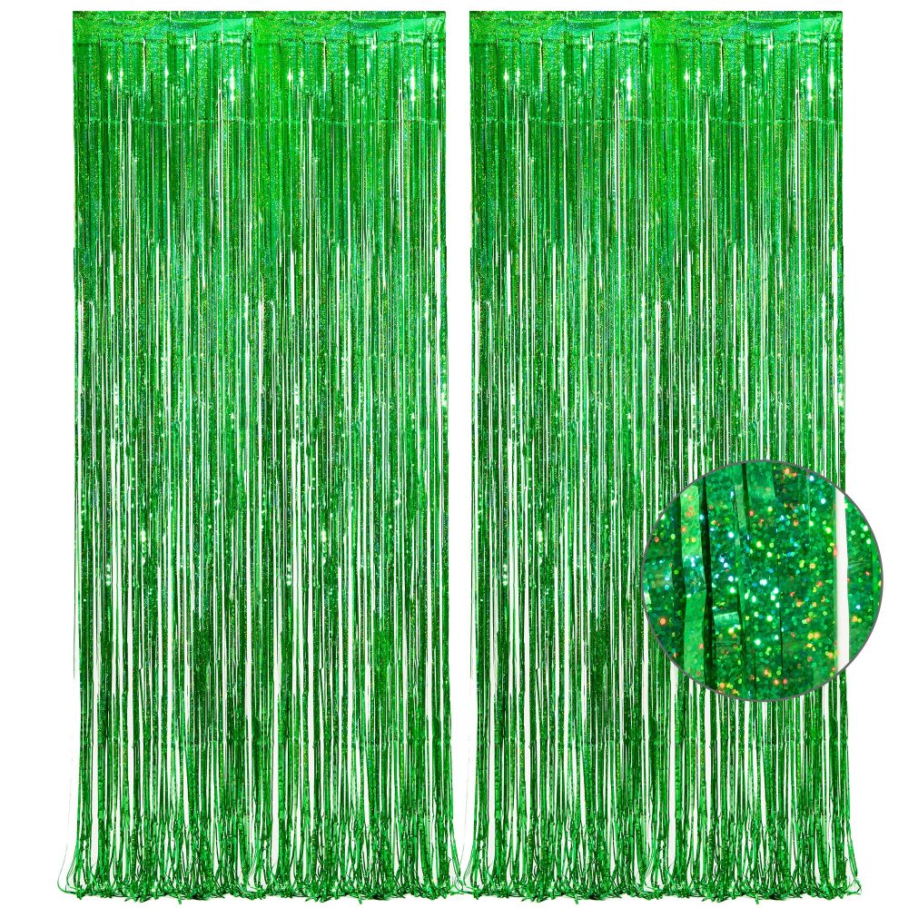 Green Tinsel Curtain Party Backdrop - GREATRIL Foil Fringe Curtain for Christmas/St Patrick’s Day/Luau/Hawaiian/Dinosaur/Jungle/Summer/Safari/Ghost/Birthday Party Decorations Theme Pack of 2